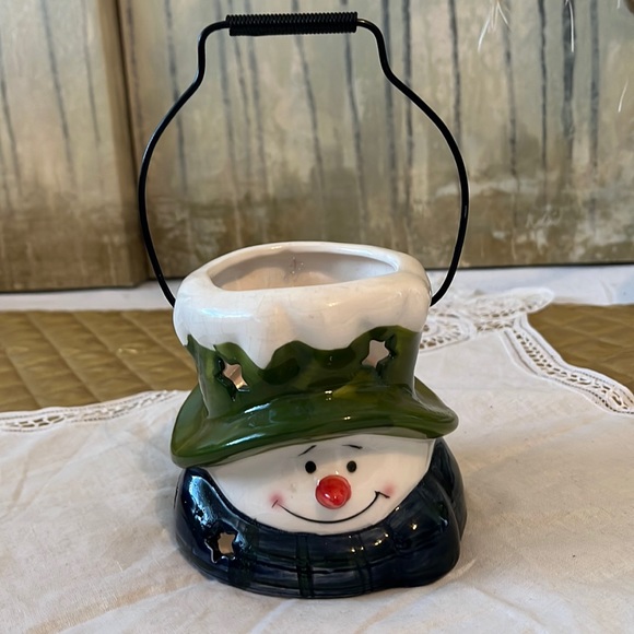 Ceramic tea light candle snowman with handle - Picture 1 of 5